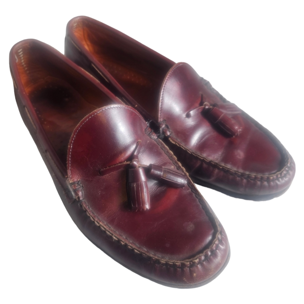 Allen Solly Mens Brown Leather Slip On Moc Toe Tassel Penny Loafer Dress Shoes